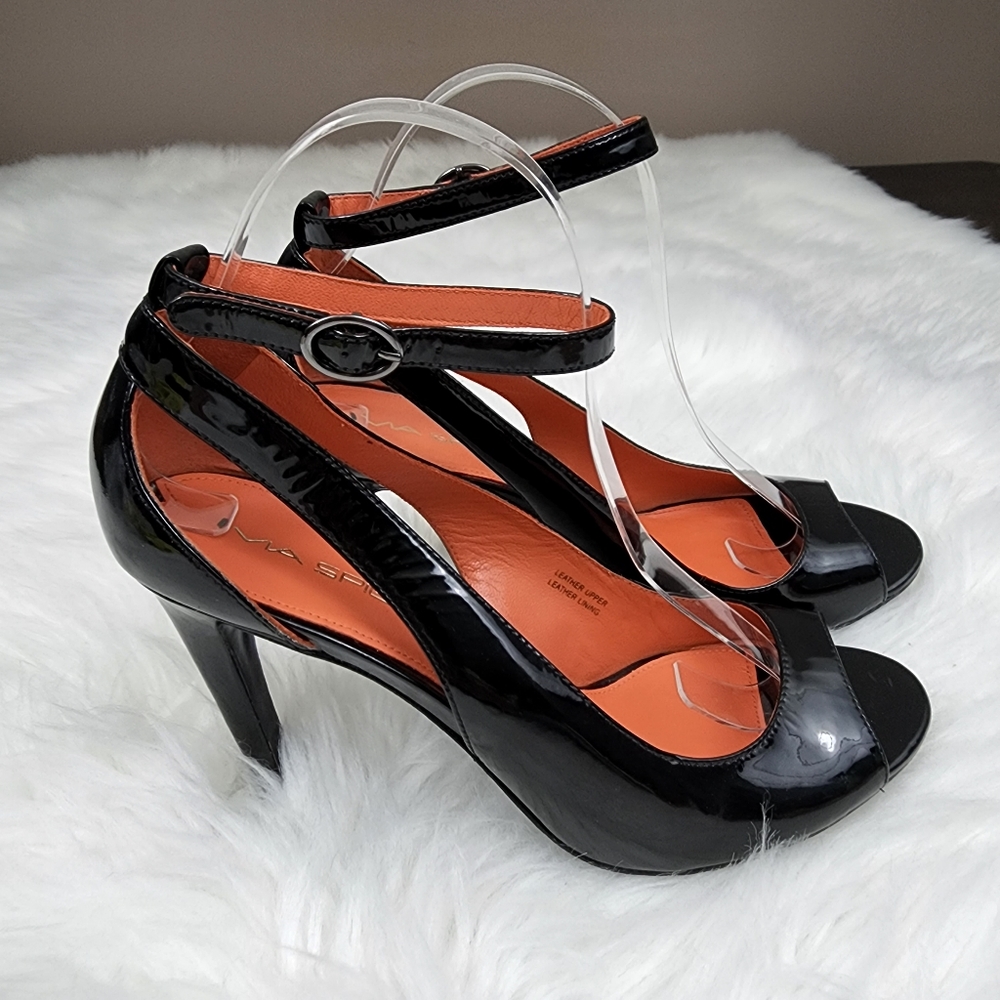Via Spiga Size 8.5 Rochelle Black Patent Leather Peep Toe Ankle Strap Pumps